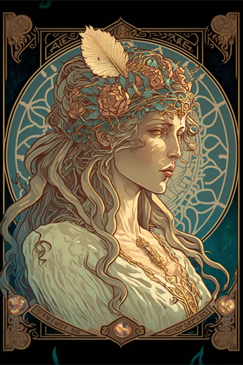 tarot card illustration, the high priestess, style of Alphonse Mucha